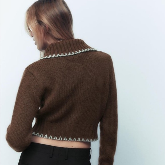 Zara Brown Top Stitch Cropped Sweater Small - Picture 6 of 9